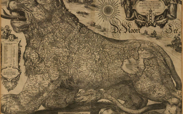 Misc map: antique lion-shaped map of the Low Countries with ornate cartouches and sun compass; 5K Ultra HD PC desktop wallpaper/background.