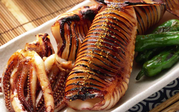 HD PC desktop wallpaper/background of grilled octopus seafood dish: charred tentacles, glossy glaze, seasoning, served with green peppers.