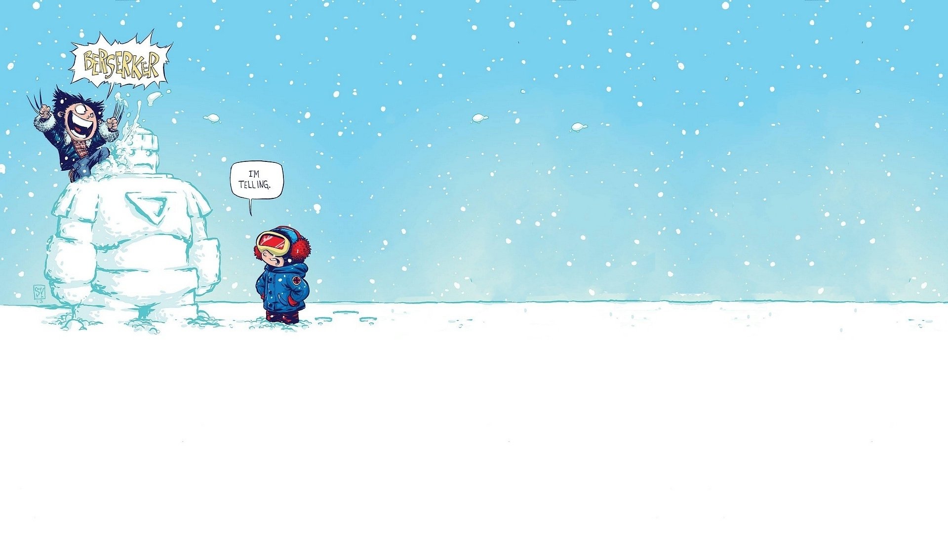 HD PC desktop wallpaper featuring chibi versions of Marvel Comics' Cyclops and Wolverine from X-Men in a snowy scene with a snowman and light snowfall.