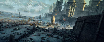 HD desktop wallpaper depicting a fantasy battle scene with armies clashing outside an ancient castle amidst snowy mountains.