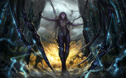 A striking HD PC wallpaper featuring a dark, imposing figure from Starcraft II, surrounded by futuristic tech and energy, embodying the game's intense sci-fi atmosphere.