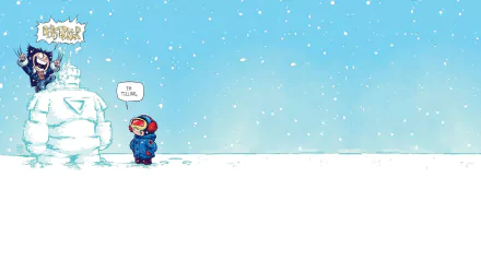 HD PC desktop wallpaper featuring chibi versions of Marvel Comics' Cyclops and Wolverine from X-Men in a snowy scene with a snowman and light snowfall.