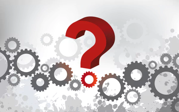 HD abstract desktop wallpaper featuring a red question mark amidst interlocking gray gears against a white background.
