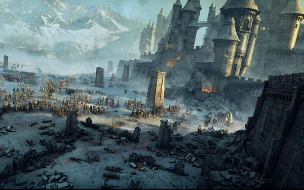 HD desktop wallpaper depicting a fantasy battle scene with armies clashing outside an ancient castle amidst snowy mountains.