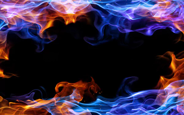 A vibrant HD desktop wallpaper featuring swirling flames in shades of orange, blue, and purple, set against a deep black background, creating an artistic and dynamic effect.