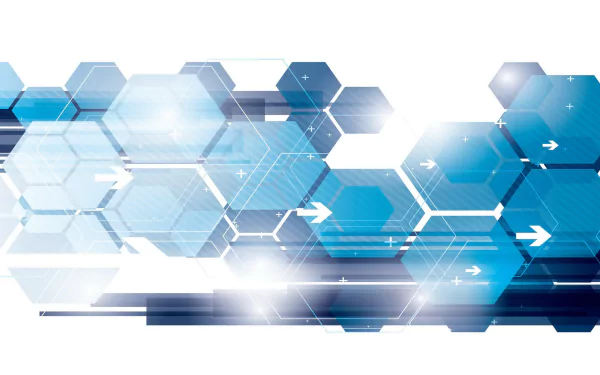 Abstract blue hexagon grid with glowing light flares, motion lines and arrows; modern 2K Quad HD PC desktop wallpaper and background.