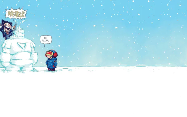 HD PC desktop wallpaper featuring chibi versions of Marvel Comics' Cyclops and Wolverine from X-Men in a snowy scene with a snowman and light snowfall.