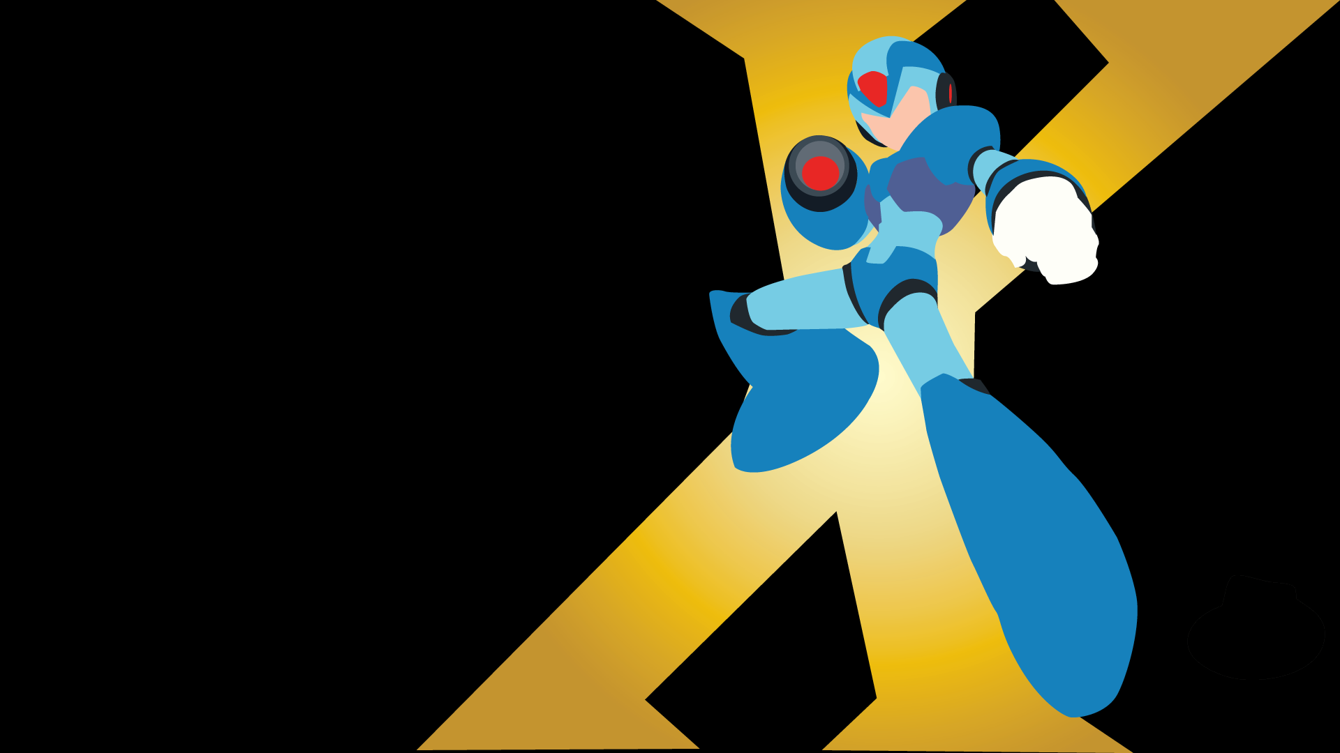 HD PC desktop wallpaper featuring Mega Man X from the video game, depicted in a dynamic pose against a large gold X on a black background.
