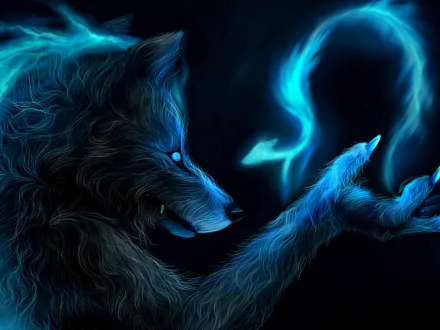 HD wallpaper of a dark, mystical werewolf conjuring blue flames, enhancing a dramatic and eerie desktop background.