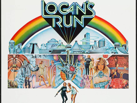 HD PC desktop wallpaper/background of the movie Logan's Run: retro poster art featuring a rainbow, futuristic cityscape and key characters.