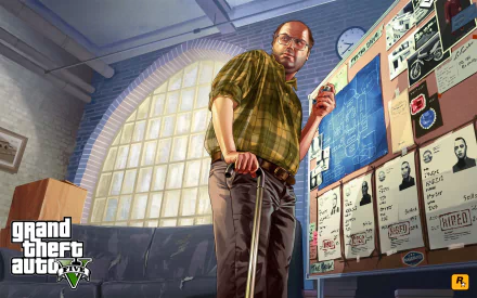 HD PC desktop wallpaper featuring Lester Crest from the video game Grand Theft Auto V, standing in front of a large window and a detailed investigation board.