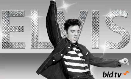 A black and white HD wallpaper features Elvis Presley energetically capturing the essence of rock and roll, with his name prominently displayed in a glittering text background.