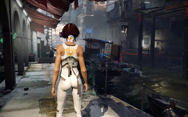 Nilin from the video game Remember Me stands in a futuristic urban alley, featured in an HD PC desktop wallpaper and background.