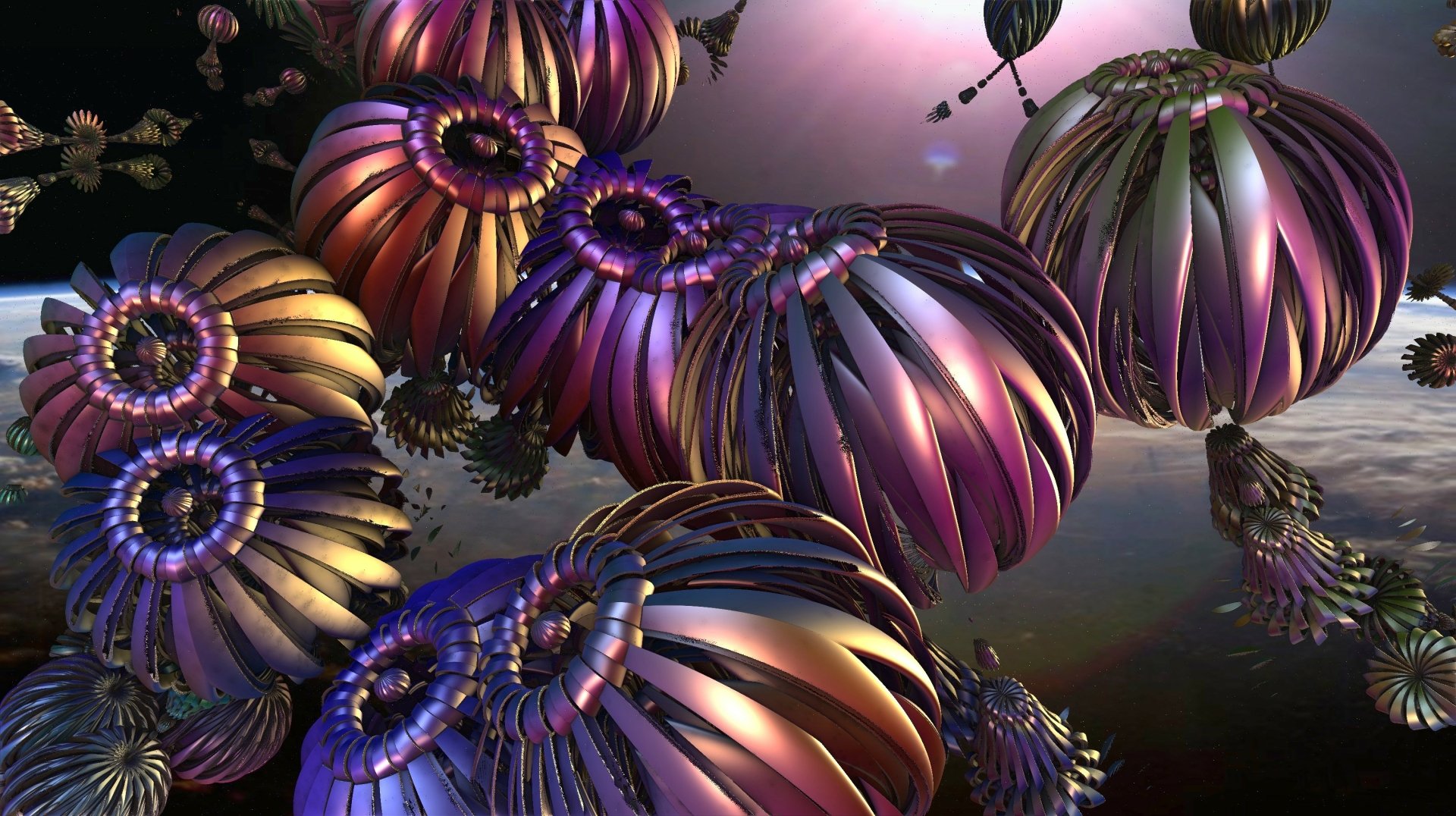 Artistic 3D Art 2K Quad HD PC desktop wallpaper: iridescent metallic pumpkin-like floral orbs floating in dark space, glowing purple, gold and teal highlights.