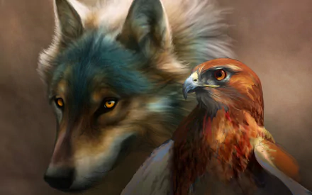 Artistic painting of a wolf and a hawk, depicted in HD, serving as a desktop wallpaper and background.