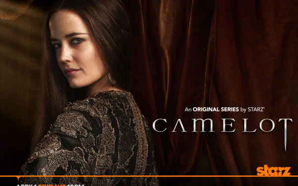 HD PC wallpaper: dark-haired woman in ornate medieval gown gazes over her shoulder against a velvet backdrop, promo artwork for the TV series Camelot.