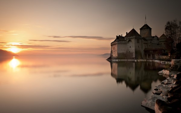 Man Made Château De Chillon Castles Switzerland Sunset Reflection Veytaux HD Wallpaper | Background Image