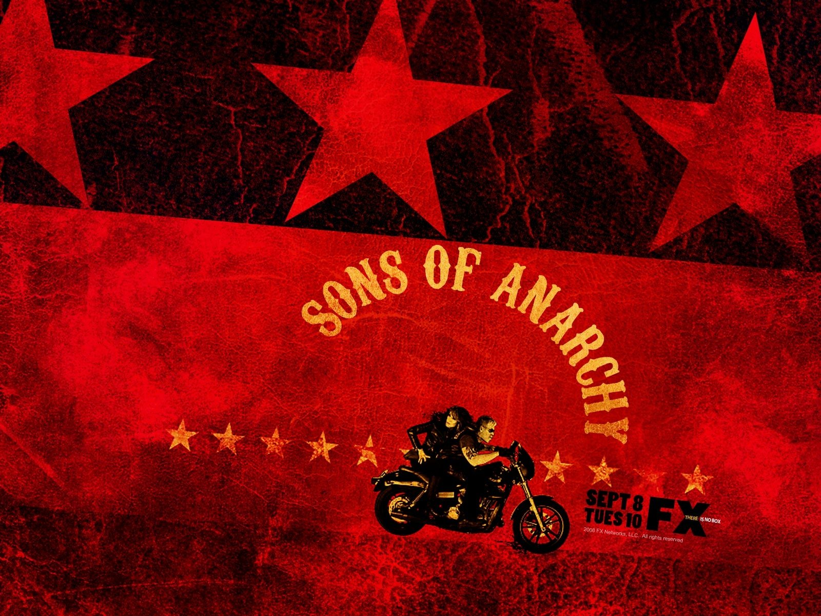 HD PC desktop wallpaper featuring a Sons of Anarchy design with a biker silhouette, red stars, and the show's logo from FX network.