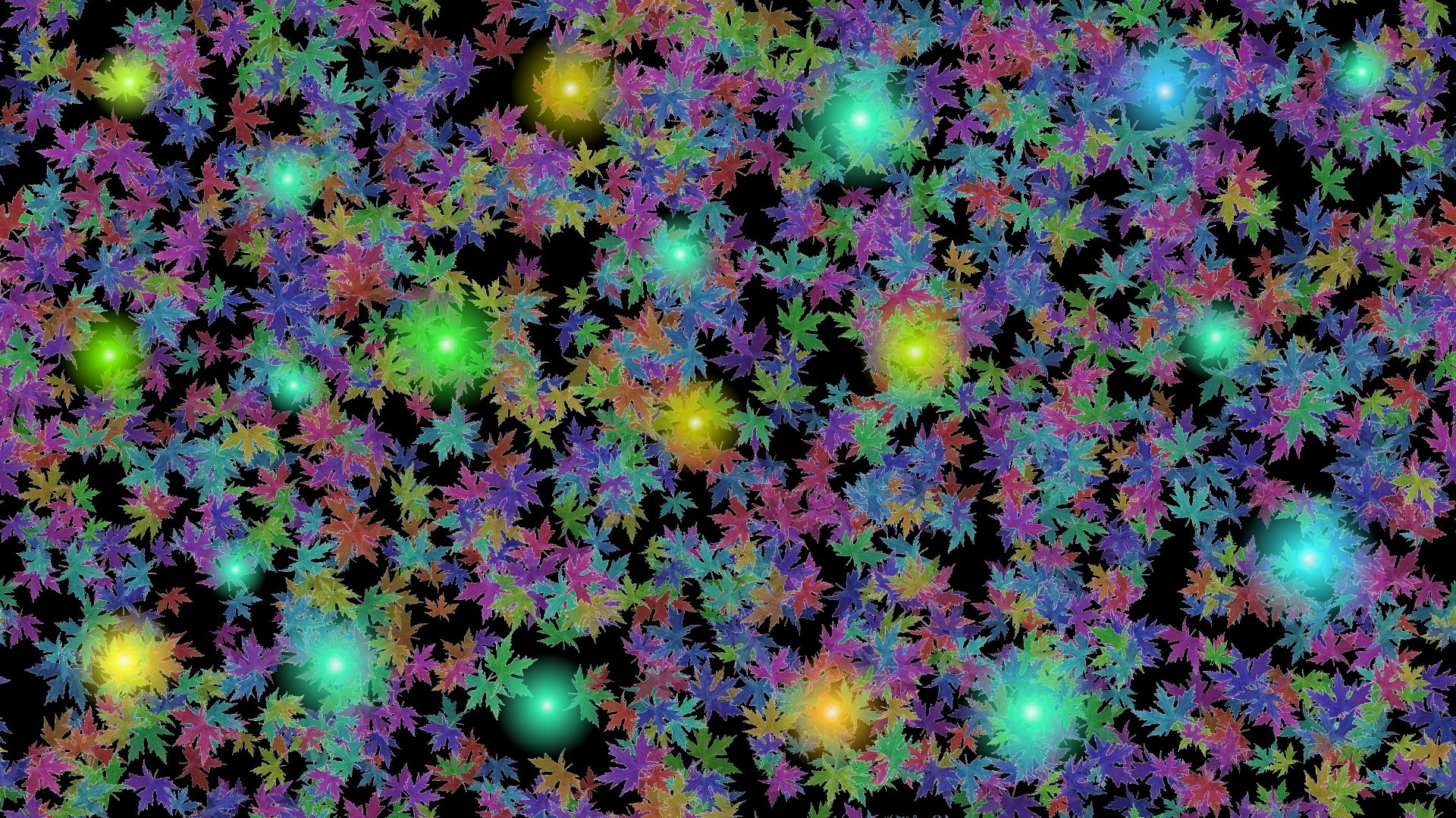 Artistic HD PC desktop wallpaper featuring a vibrant pattern of multicolored leaves interspersed with glowing orbs against a dark background.
