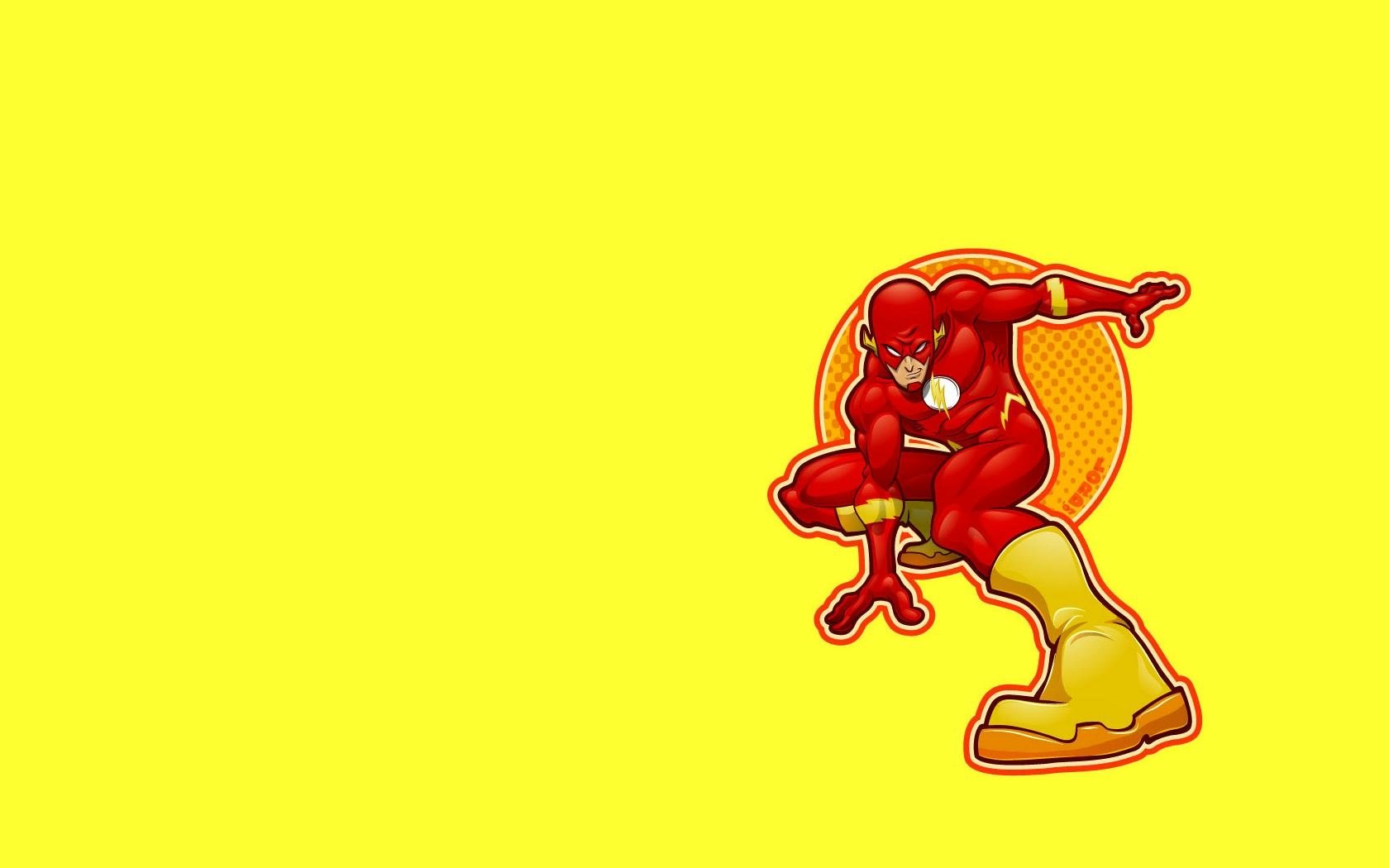 HD PC desktop wallpaper showing comic-style Flash in a red suit sprinting with a yellow motion trail over a halftone circle on a bright yellow background, positioned lower-right.