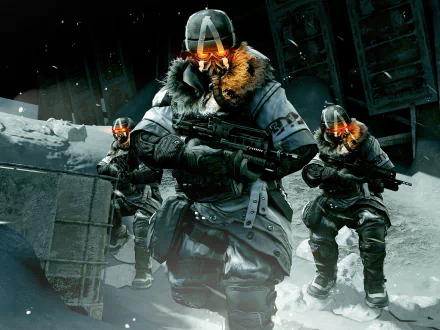HD PC desktop wallpaper featuring heavily armored soldiers with glowing orange visors from the video game Killzone 3 in a snowy, urban combat setting.