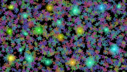 Artistic HD PC desktop wallpaper featuring a vibrant pattern of multicolored leaves interspersed with glowing orbs against a dark background.