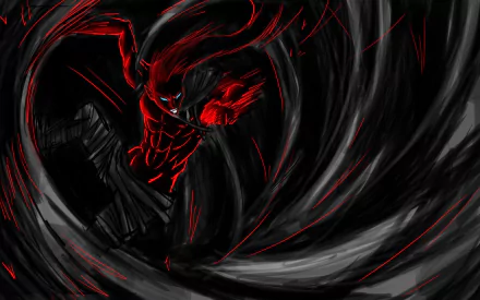 A striking HD wallpaper featuring Kazeshini from Bleach, showcasing dynamic red and black swirls that emphasize the character's powerful presence in this anime scene.