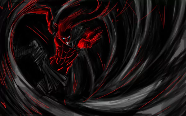 A striking HD wallpaper featuring Kazeshini from Bleach, showcasing dynamic red and black swirls that emphasize the character's powerful presence in this anime scene.