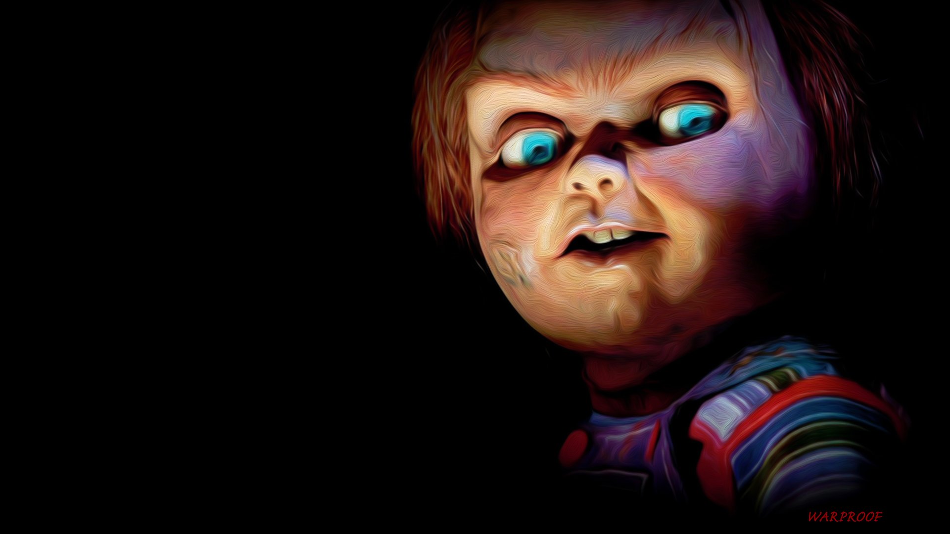 Close-up of Chucky from Curse of Chucky, featuring his menacing smile and vibrant blue eyes against a dark background. An engaging HD wallpaper for horror movie fans.