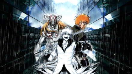 HD desktop wallpaper featuring Ichigo Kurosaki from Bleach, with other characters, set against a high-tech city backdrop.