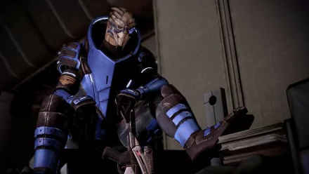 Garrus Vakarian from Mass Effect in blue Turian armor, crouched on a ship interior with a rifle — HD PC desktop wallpaper/background, high-detail video game artwork.