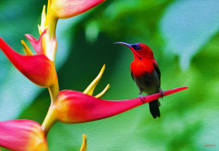 HD PC desktop wallpaper oil painting of a sunbird (animal) perched on a vivid heliconia bloom, bold reds and yellows against a lush green background.