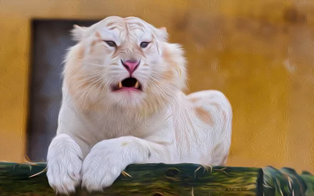 HD wallpaper featuring a majestic white lion resting on a wooden platform. The background is a soft, earthy tone, highlighting the lion's serene and powerful presence.