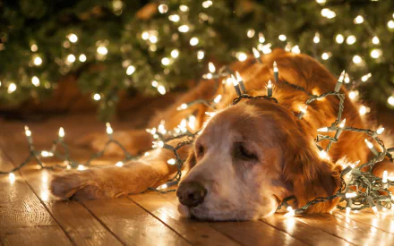 A golden retriever rests peacefully on a wooden floor, adorned with sparkling lights, creating a warm, cozy ambiance in this HD desktop wallpaper.