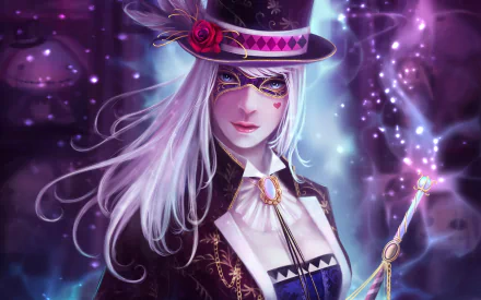 A captivating artistic HD desktop wallpaper featuring a woman with long white hair, wearing a stylish hat and magician's attire, set against a mystical, shimmering background.