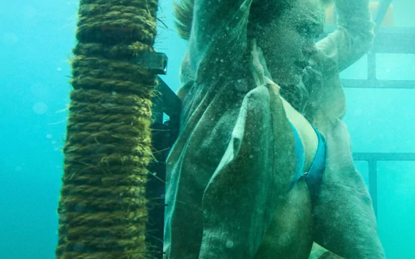 HD PC desktop wallpaper/background from the movie Shark Night: underwater shot of a woman in a blue bikini being grabbed by a shark near a submerged cage.