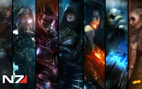 HD PC desktop wallpaper featuring key Mass Effect 3 characters: Grunt, Legion, Garrus Vakarian, Kasumi Goto, Jack, Thane Krios, and Miranda Lawson.