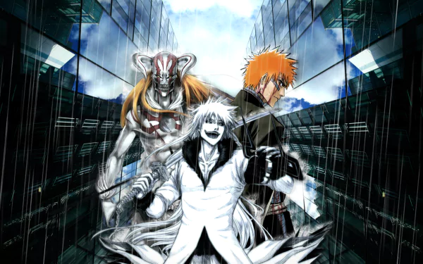 HD desktop wallpaper featuring Ichigo Kurosaki from Bleach, with other characters, set against a high-tech city backdrop.