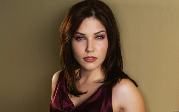 HD PC desktop wallpaper of a female celebrity with dark hair in a burgundy top against a warm beige background, gazing directly at the camera.
