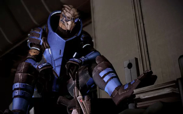 Garrus Vakarian from Mass Effect in blue Turian armor, crouched on a ship interior with a rifle — HD PC desktop wallpaper/background, high-detail video game artwork.