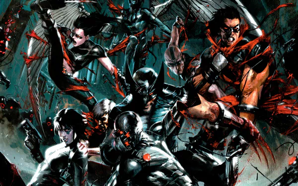 HD PC wallpaper featuring Marvel's X-Force characters Domino, X-23, Archangel, and Wolverine in dynamic comic-style action poses.