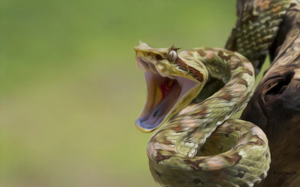HD PC desktop wallpaper featuring an oil painting of a viper snake with its mouth open, showcasing intricate details and lifelike textures of the animal.