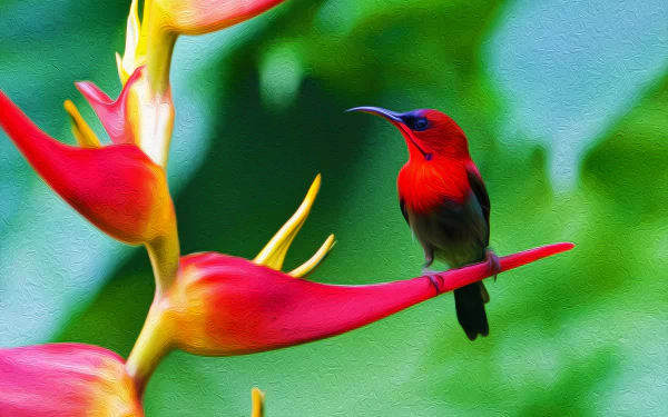 HD PC desktop wallpaper oil painting of a sunbird (animal) perched on a vivid heliconia bloom, bold reds and yellows against a lush green background.
