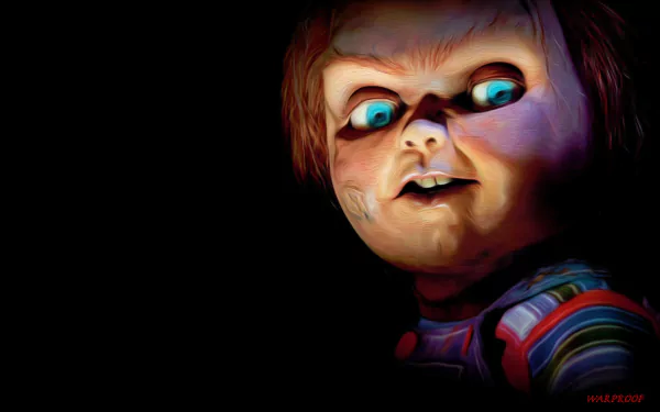 Close-up of Chucky from Curse of Chucky, featuring his menacing smile and vibrant blue eyes against a dark background. An engaging HD wallpaper for horror movie fans.