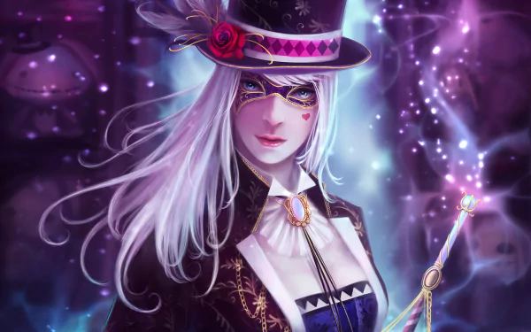 A captivating artistic HD desktop wallpaper featuring a woman with long white hair, wearing a stylish hat and magician's attire, set against a mystical, shimmering background.