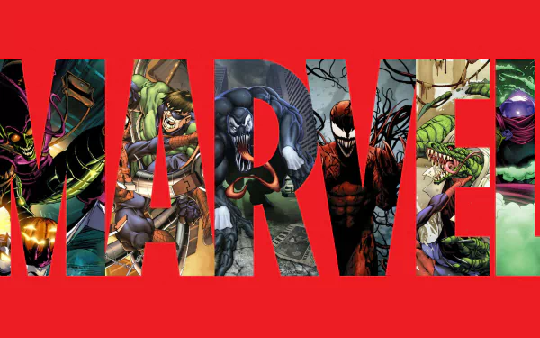 Vibrant HD wallpaper featuring iconic Marvel Comics characters, including Mysterio, Lizard, Doctor Octopus, Carnage, Venom, and Green Goblin, set against a bold red background.