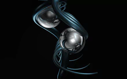 Artistic 3D digital artwork featuring intertwined metallic spheres and flowing tubular shapes on a sleek black background, designed as an HD PC desktop wallpaper.