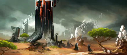 A fantasy landscape with towering, dark monoliths glowing with red lines, scattered ruins, and a lone figure under a cloudy sky, depicted in HD for a PC desktop wallpaper.