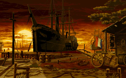 Sunset-lit pirate ship moored at a weathered wooden dock with barrels, carts and shacks — HD PC desktop wallpaper background for the MUGEN video game.