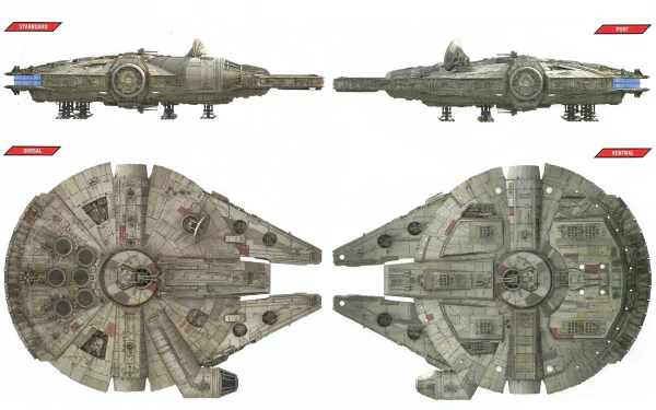 Sci Fi Star Wars HD PC desktop wallpaper and background showing blueprint-style top and side views of the Millennium Falcon.